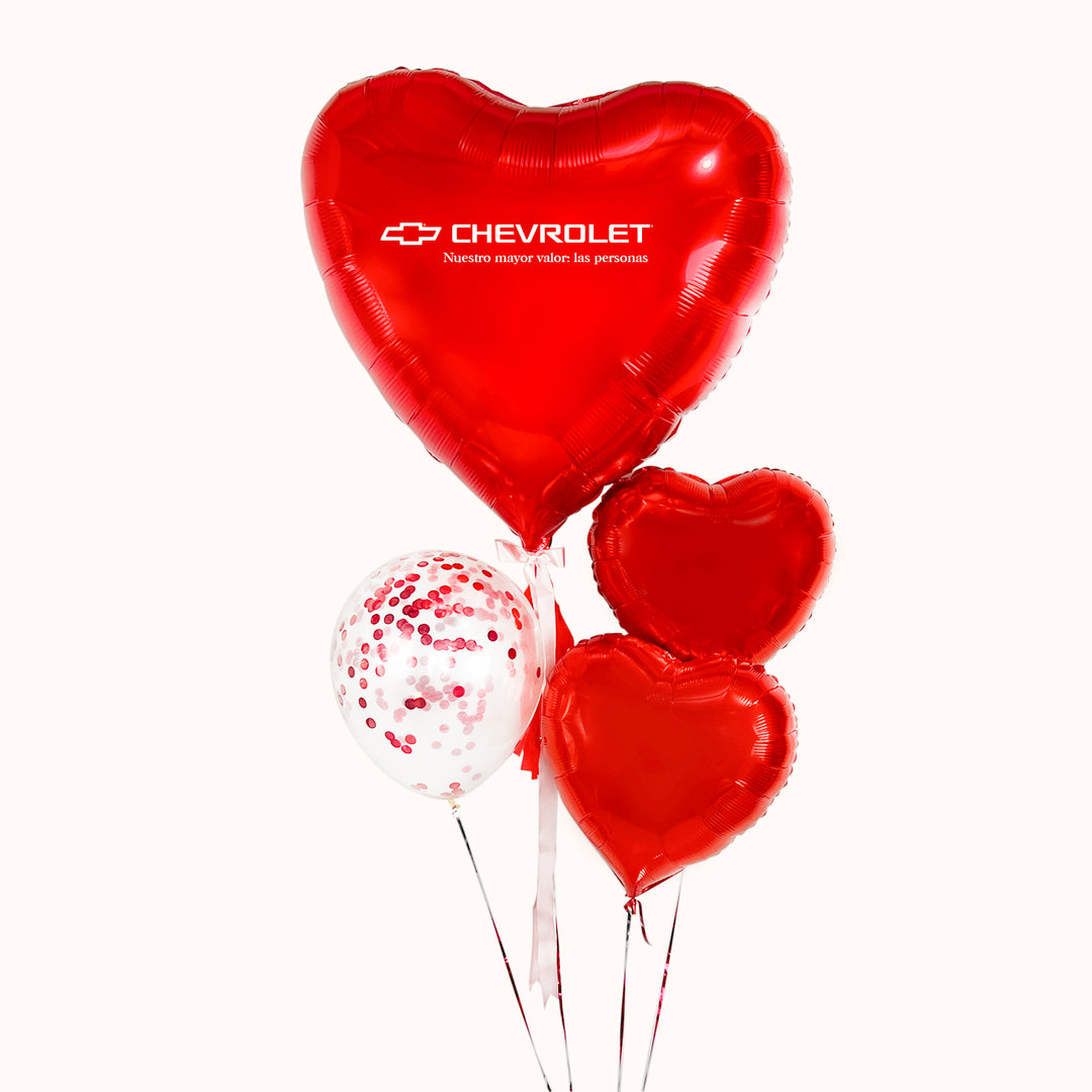 Arreglo de globos para empresas: Bouquet de globos para empresas, globos con helio: 1 globo metálico corazón grande, 2 globos metálicos en forma de corazón y 1 globos látex con confetti. Para campaña de San Valentín.