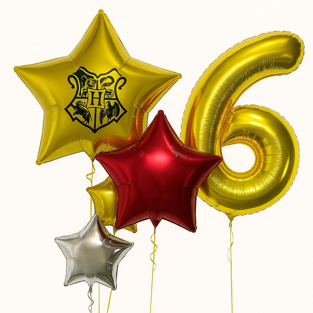 Pack de globos metálicos que incluye un número grande y 1 estrella grande personalizada en color dorado, acompañada de 3 estrellas en colores plata, dorado y vino (burgundy). Ideal para celebraciones especiales