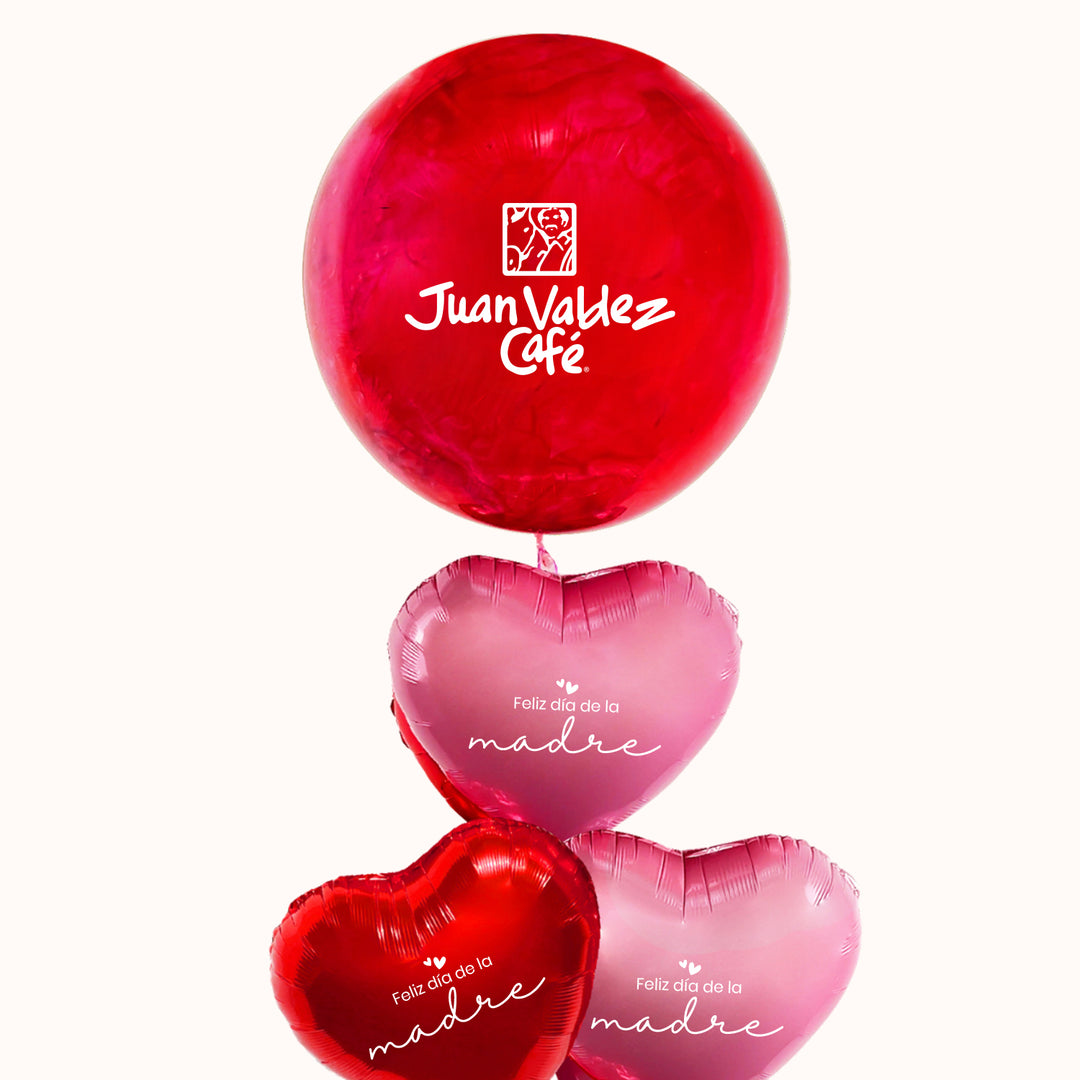 Bouquet de globos con helio para campaña corporativa del Día de la Madre, que incluye 1 globo burbuja pintado y personalizado con logo y 4 globos metalicos en forma de corazón con mensajes del dia de la madre, ideal para impulsar tu marca y celebrar esta fecha especial con clientes y colaboradores.