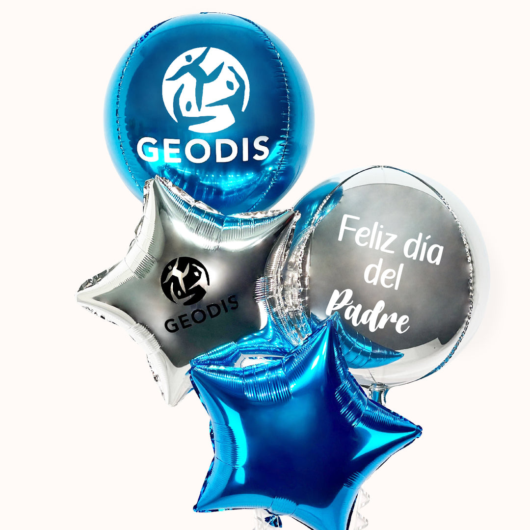 Campaña Corporativa Día del Padre. Arreglo con helio 100% puro que incluye globos esfera y estrellas personalizadas con logo o mensaje, ideal para decorar oficinas y eventos corporativos en esta fecha especial.