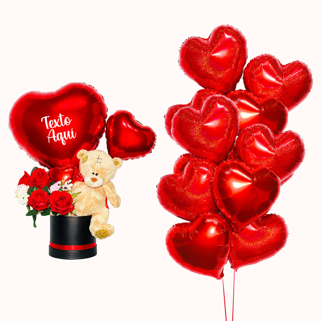 Gift Box con rosas decorativas artificiales con peluche de osito mediano, globo de corazón personalizado. 20 globos metálicos de corazón inflado con helio. Para San Valentín, día del amor y la amistad y aniversarios de parejas.