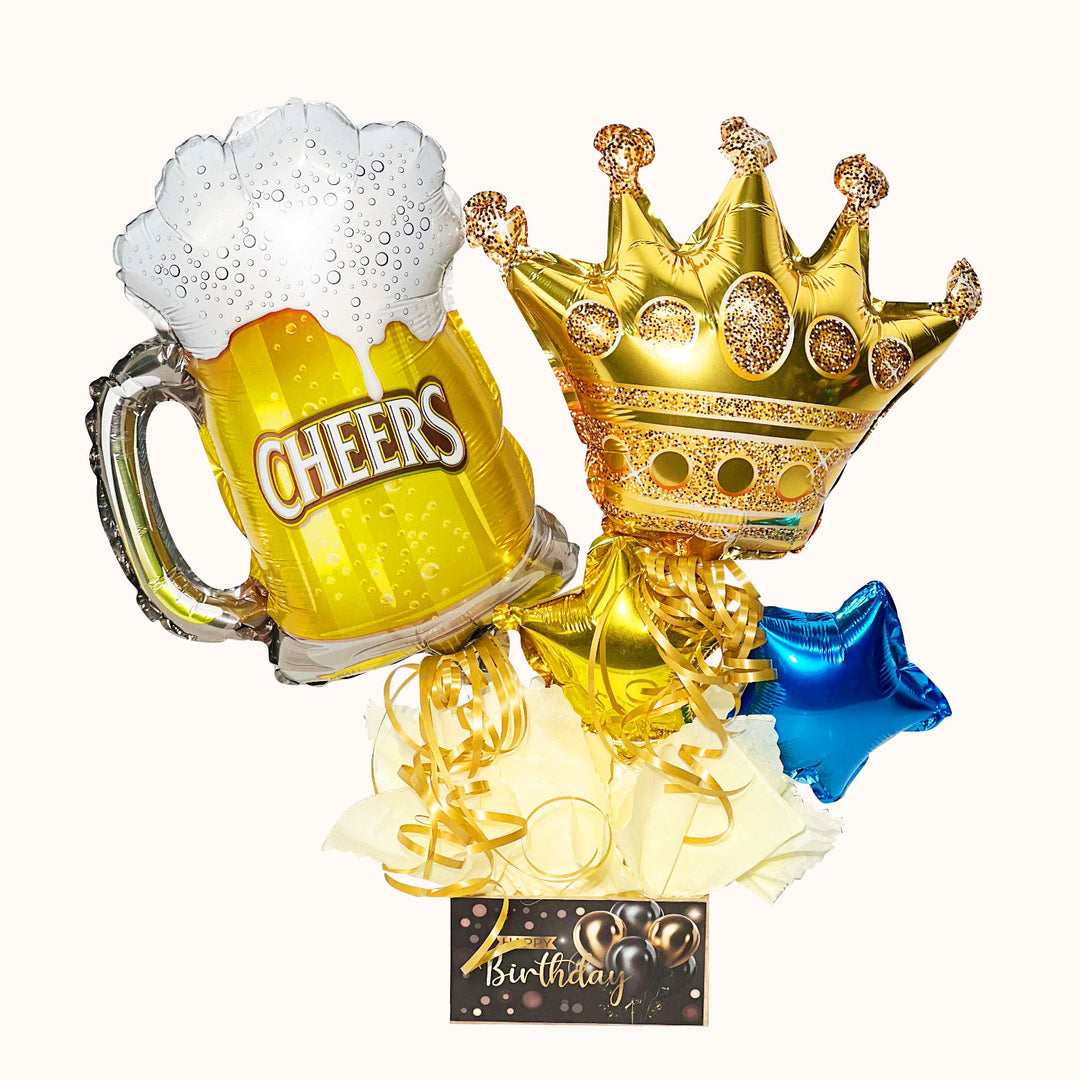 Gift box chico: 1 globo metálico “Cheers” y globos estrella decorativos. Ideal para sorprender en cumpleaños.