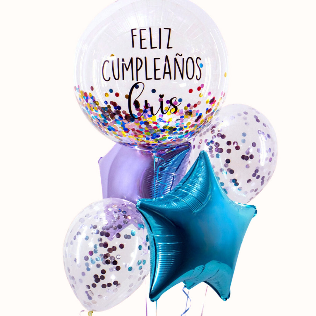 Bouquet de 5 globos con helio: 1 globo burbuja con confetti personalizado, 2 globos de látex con confetti y 2 globos estrella. Ideal para cumpleaños o cualquier ocasión especial.