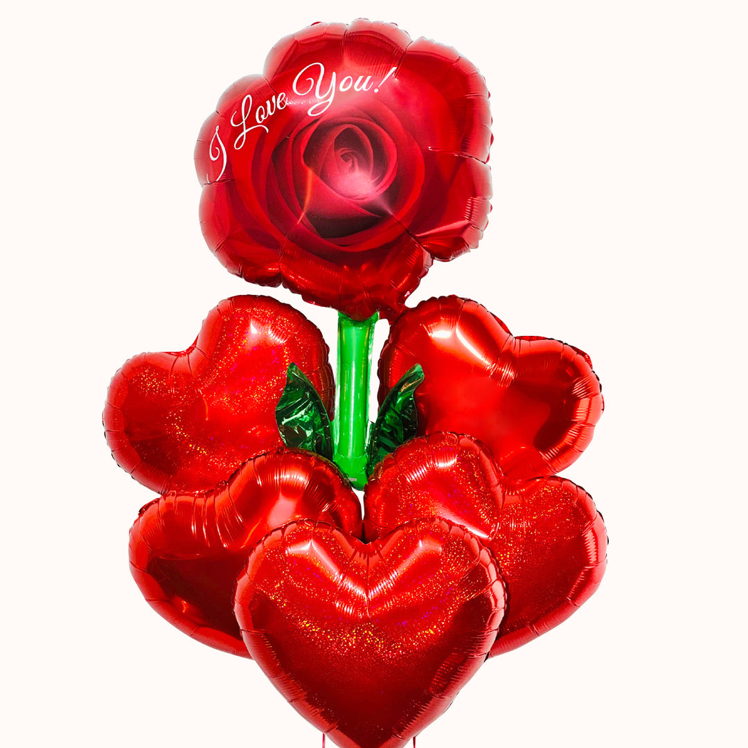 Bouquet de globos inflados con helio, con globo principal en forma de rosa, acompañado de 5 globos metálicos en forma de corazón. Regalo para San Valentín, día de la madre, aniversario o cualquier ocasión.