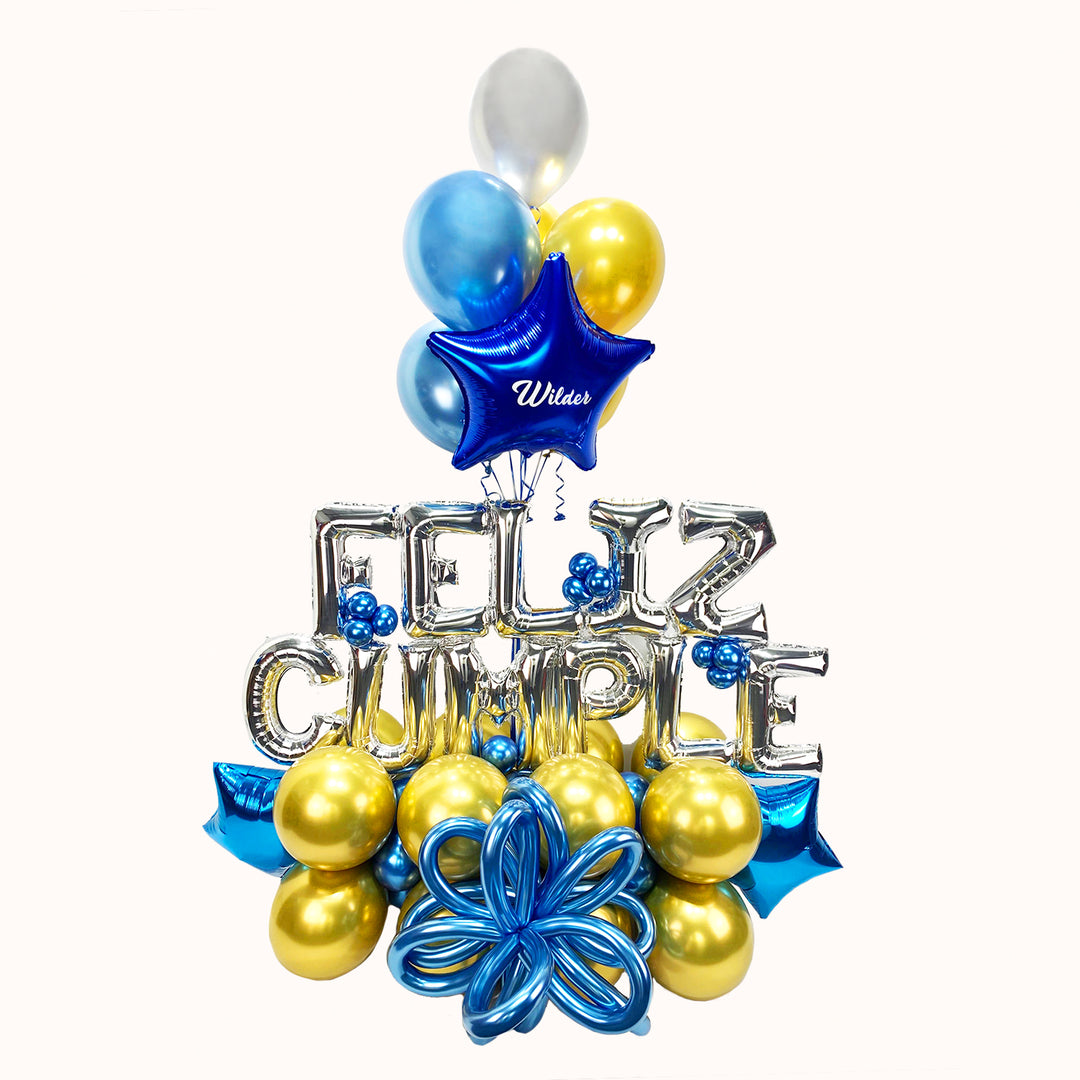 Mural “Feliz Cumple” con base de globos de látex, letras globos metálicos, globo estrella personalizado y globos de látex en color sólido con helio. Ideal para decorar y celebrar cumpleaños.