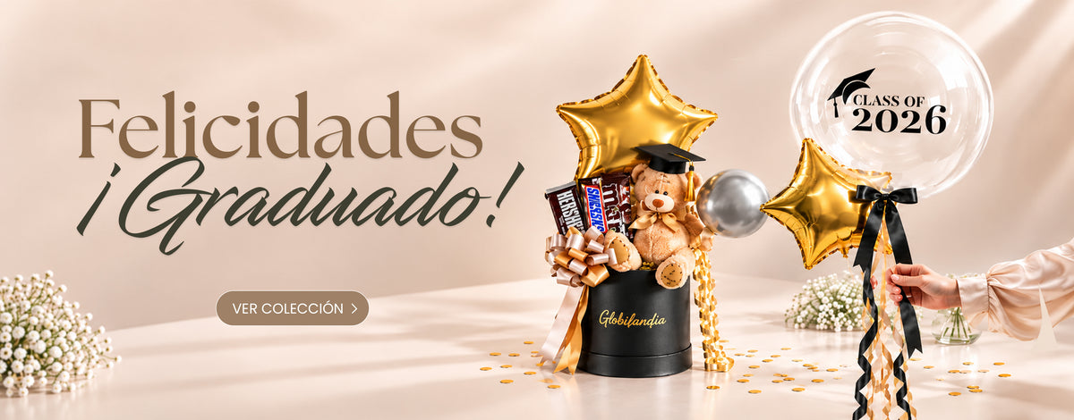 Celebra tu graduación con gift box de chocolates y tragos, globos con helio, murales, columnas y arcos de globos para acompañar este momento especial.