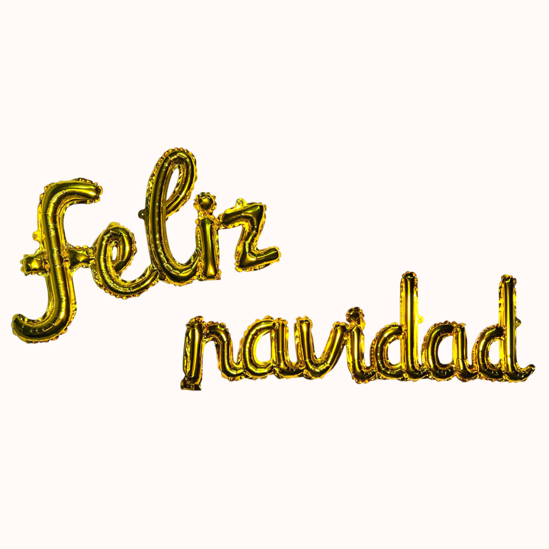 Globo en forma de letras con la frase “Feliz Navidad” en color dorado. Ideal para decorar eventos corporativos o cualquier festividad navideña.