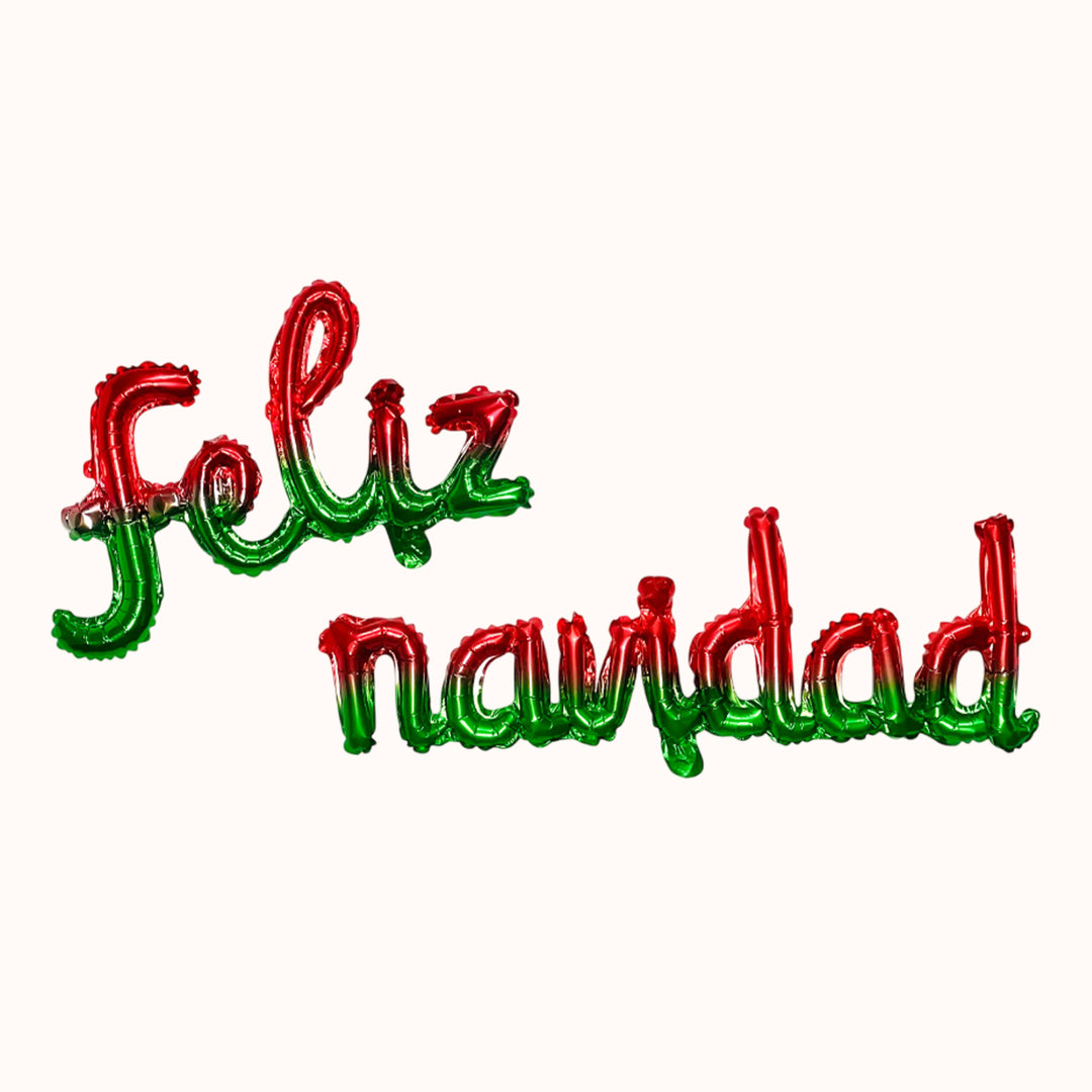 Globo en forma de letras con la frase “Feliz Navidad” en color verde y rojo. Ideal para decorar eventos corporativos o cualquier festividad navideña.