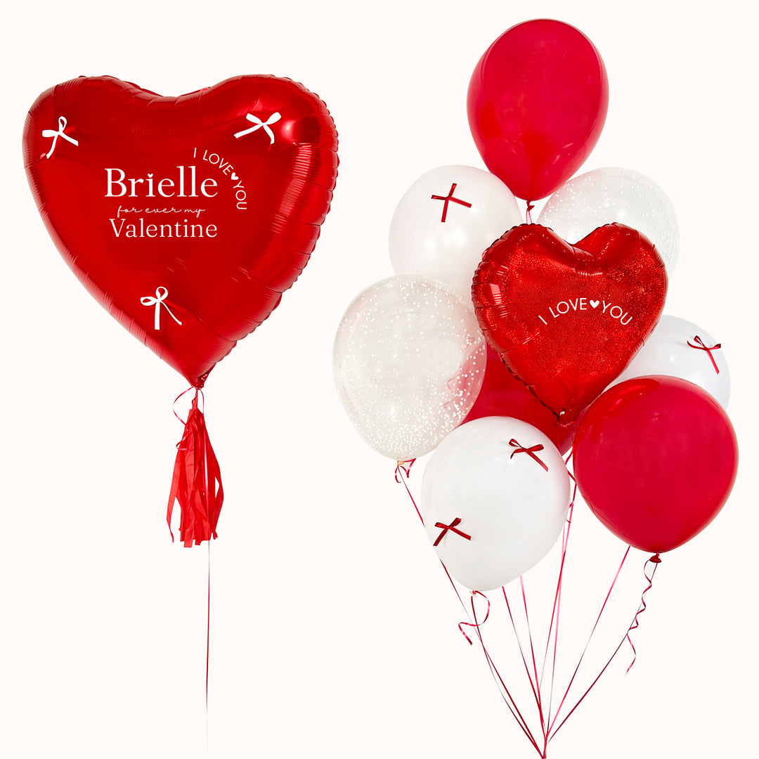 Bouquet de globos San Valentín con un globo corazón grande personalizado y un ramo que incluye globos en forma de corazón, globos látex y globos látex con confetti. Regalo para celebrar San Valentín, para sorprender en cualquier ocasión romántica y llena de amor.