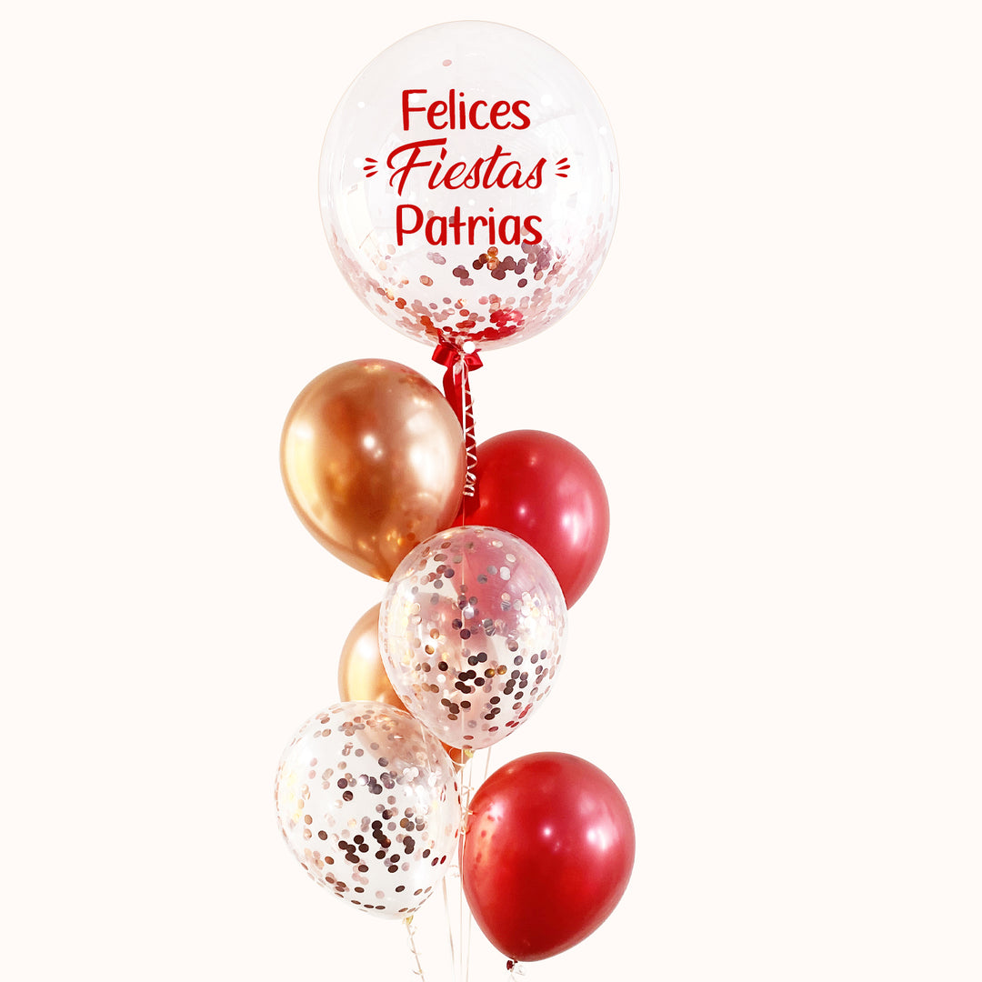 Bouquet de globo burbuja transparente con escarcha, acompañado de 4 globos de látex y 2 globos con escarcha, todos inflados con helio. Ideal para celebrar las Fiestas Patrias.
