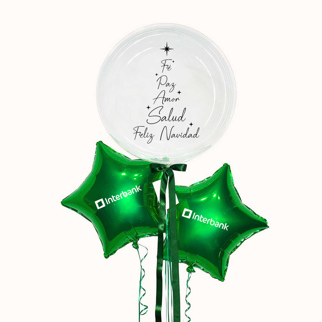 Bouquet de globo burbuja transparente con mensaje navideño, acompañado de 2 globos metálicos en forma de estrella personalizados con tu logo. Difunde tu marca con estilo. Inflados con helio 100 % puro y con total seguridad garantizada.