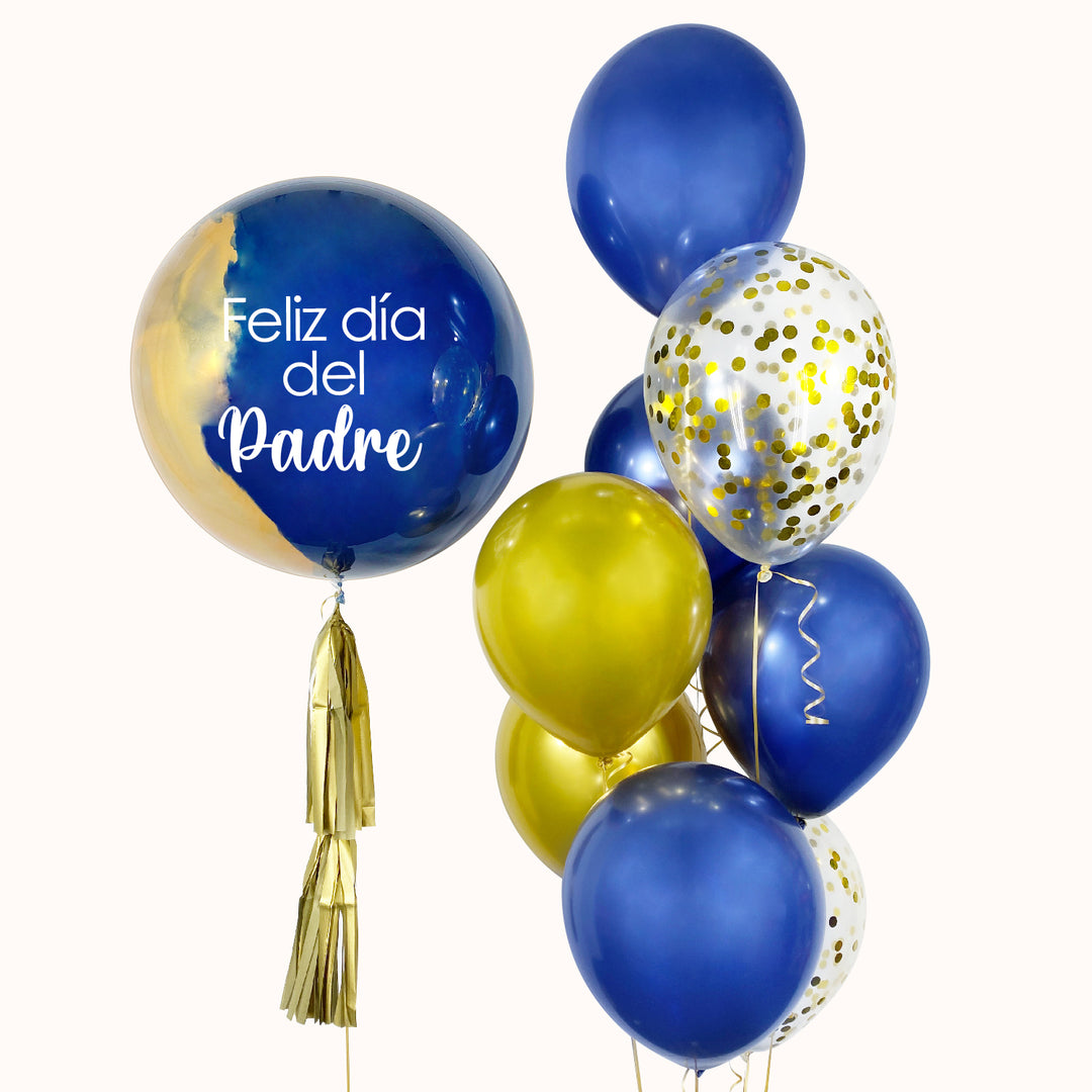 Campaña Corporativa Día del Padre.  Arreglo decorativo de globos que incluye 1 globo burbuja pintado personalizado, 6 globos de látex en color sólido, 2 globos de látex con confetti y 2 pesas decorativas; una excelente alternativa para celebrar y decorar espacios corporativos.