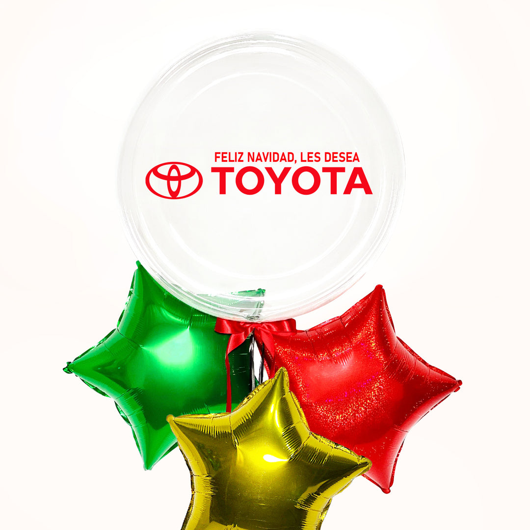 Bouquet de globo burbuja personalizado, acompañado de 3 globos metálicos en forma de estrella en colores rojo, verde y dorado. Utilizamos helio 100 % puro y priorizamos tu seguridad en todo momento, para que cada evento sea un éxito.