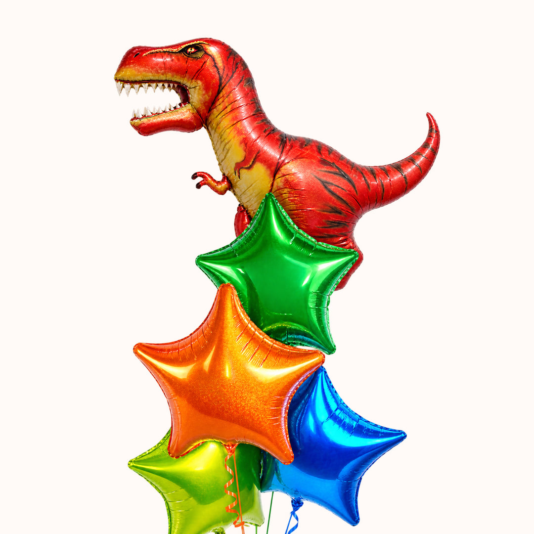 Ramo de globos con helio, globo dinsaurio grando acompañado e 4 estrellas