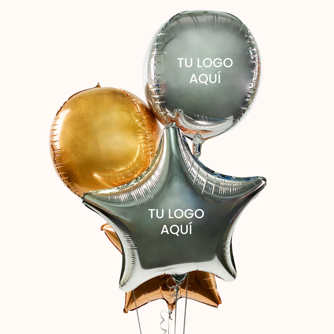 Ramo de 4 globos, compuesto por 2 esferas y 2 globos metálicos en forma de estrella, personalizado con tu logo e inflado con helio. Ideal para la decoración de eventos empresariales y corporativos, así como para campañas publicitarias.