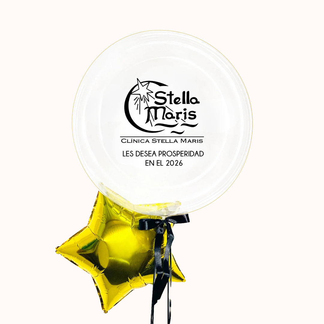Bouquet de globo burbuja personalizado con tu marca, acompañado de un globo estrella metálico. inflado con helio. Realza tu marca con estilo. ideal para eventos corporativos.