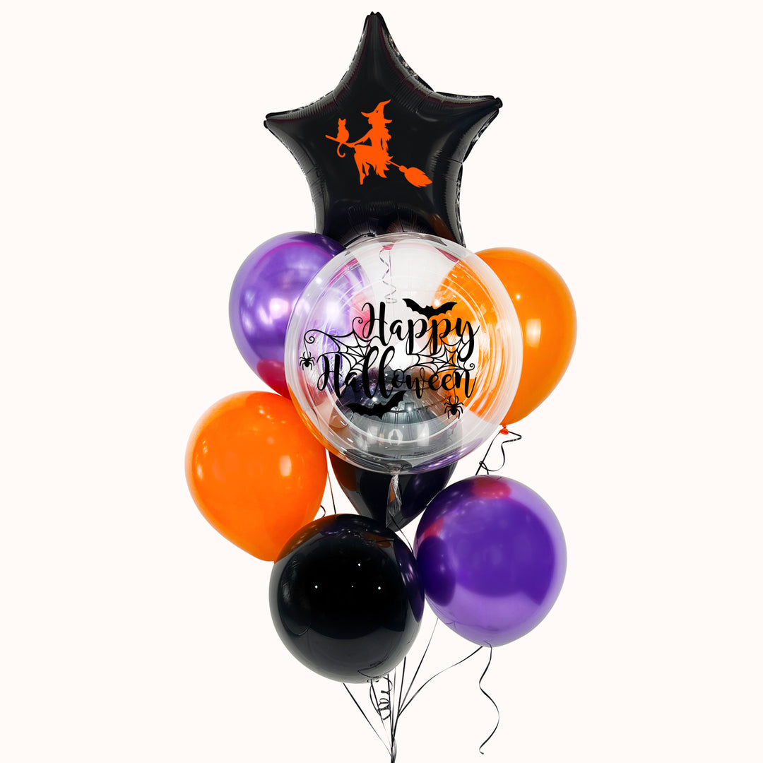 Bouquet de 8 globos para Halloween con 1 burbuja confetti personalizada, 1 globo estrella de brujita, 6 globos de látex de color sólido y pesa, ideal para decorar fiestas de Halloween. 