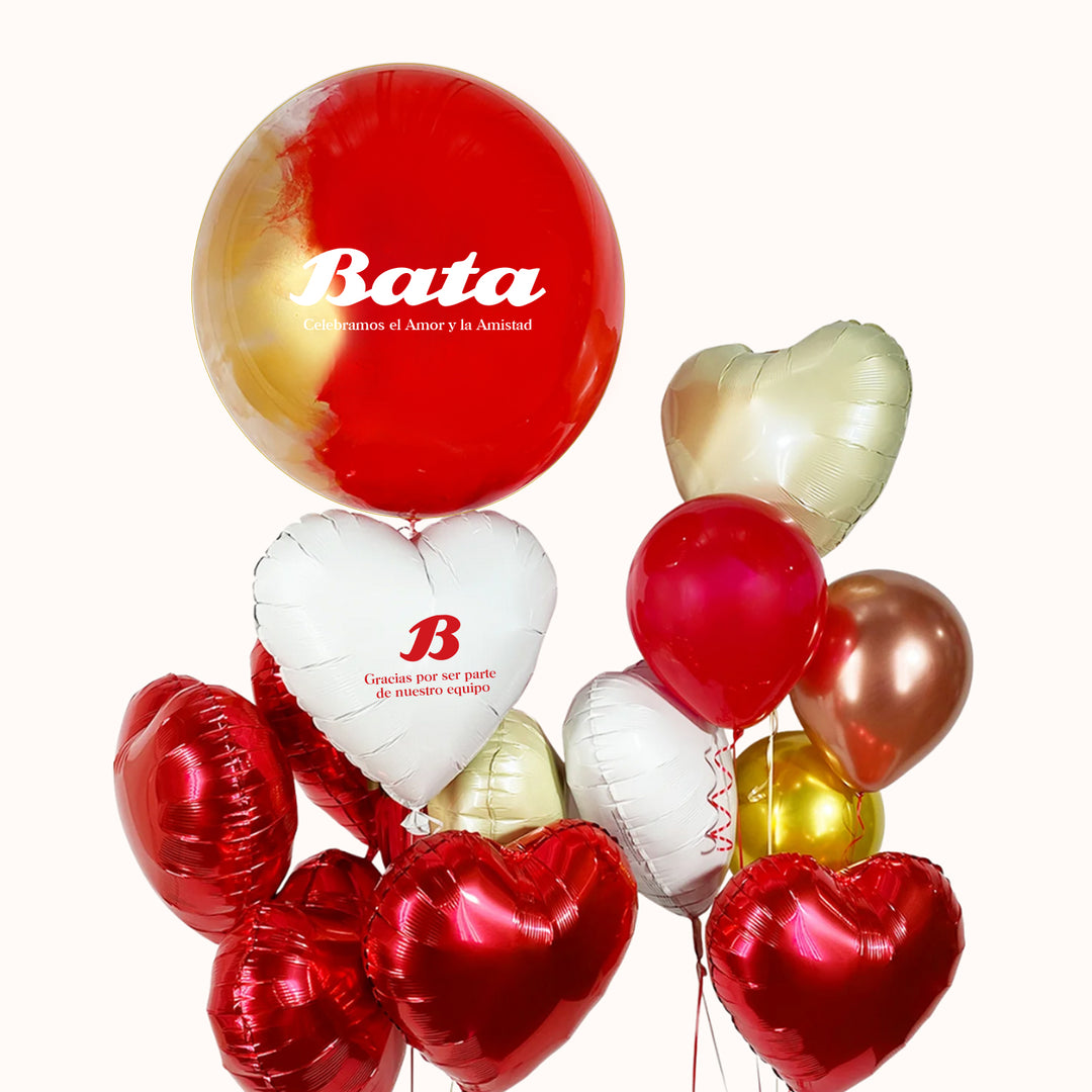 Dúo de bouquets 13 Globos con helio: 1 Globo burbuja pintado con 9 corazones y 3 globos de látex, diseñados para tu marca. Globos 100% personalizables con los colores de tu marca, para eventos corporativos y campañas de San Valentín.