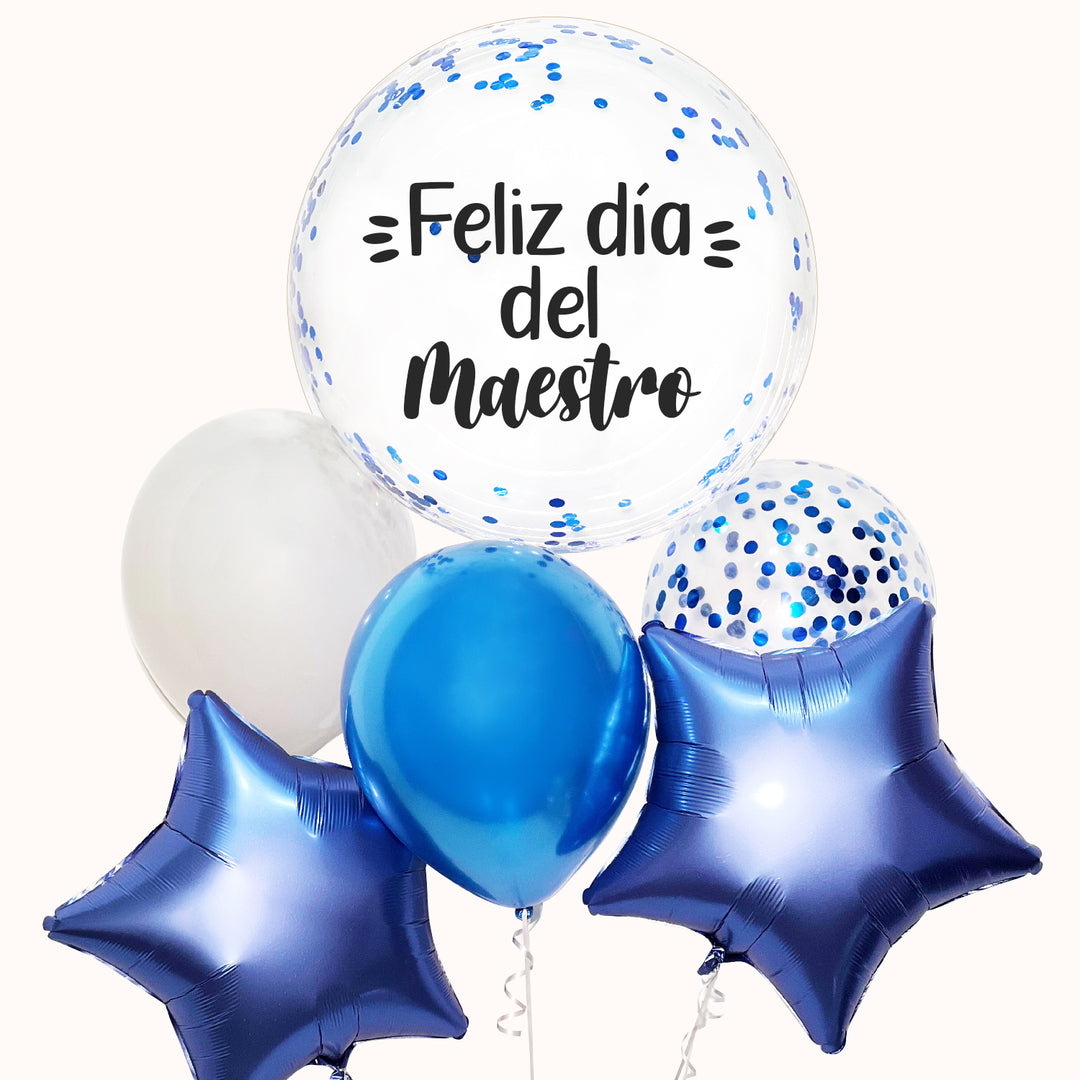 Globos con helio personalizados para sorprender a tu profesor en su día especial. Incluye una burbuja transparente personalizada con la frase “Feliz Día del Maestro”, 2 globos estrella metálicos, 2 globos látex y 1 globo látex con confeti en su interior.