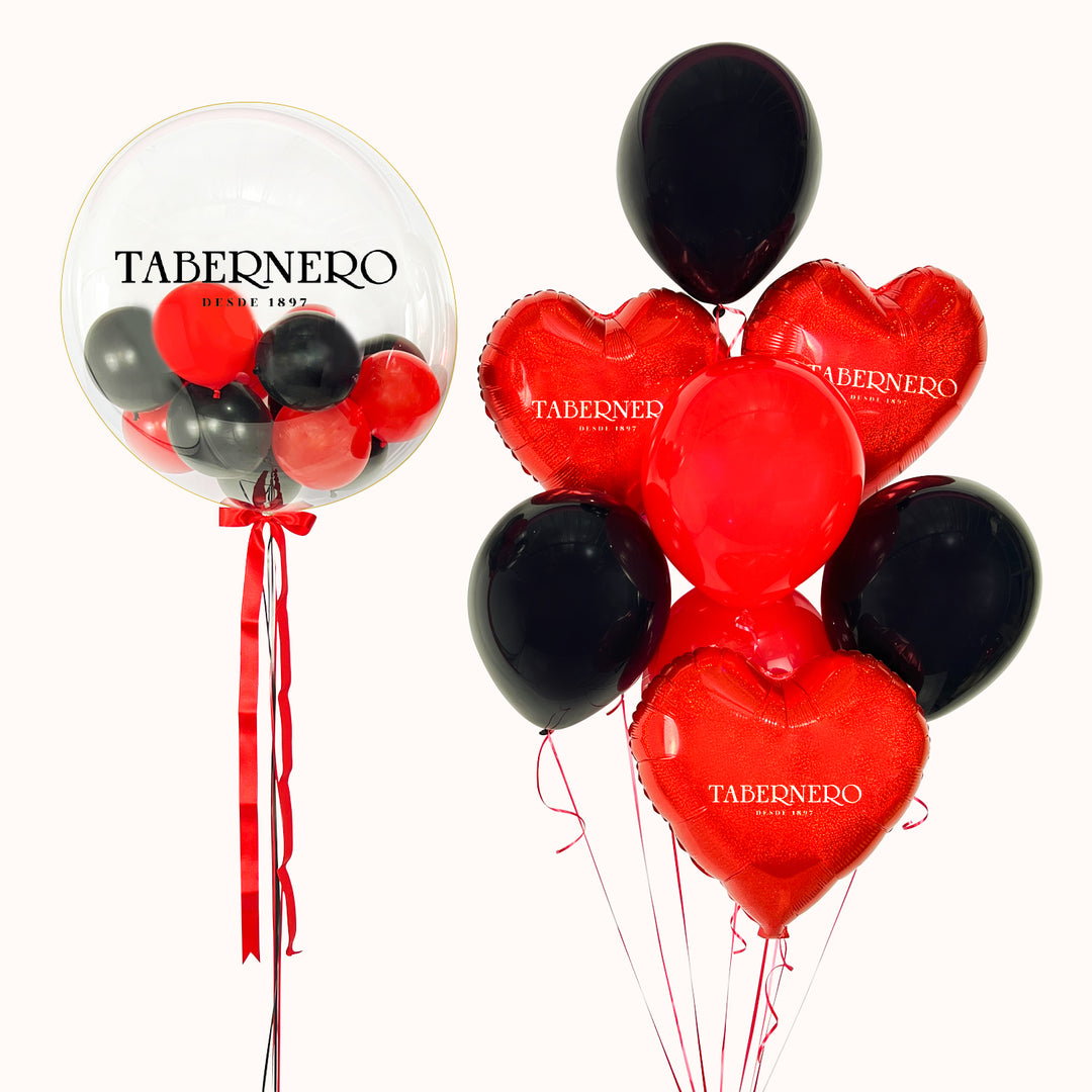 Arreglo de globos para empresas: Bouquet de globos en tonos rojo y negro. Inflado con helio 100% puro e incluye un globo burbuja personalizado, 3 globos metálicos rojos y 5 globos látex en tonos rojo y negro. Globos y decoraciones para eventos corporativos.