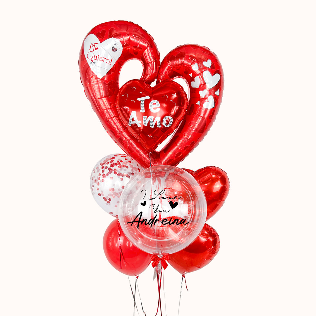 Regalo especial para enamorados y novios que desean celebrar San Valentín. Bouquet de globos metálicos, látex y globo burbuja en intenso color rojo pasión, para festejar el día del amor y la amistad.