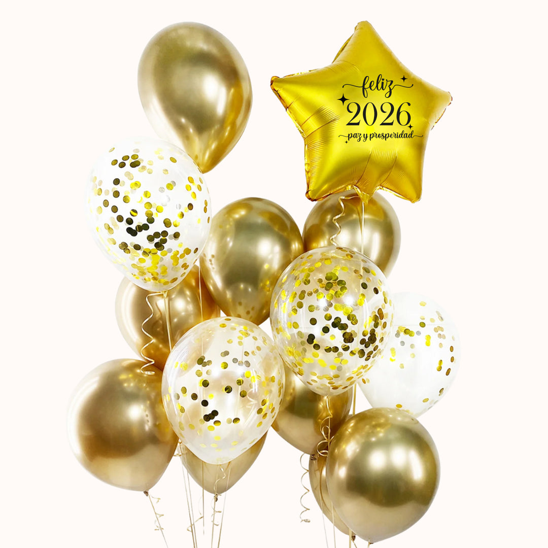 Bouquet de globos contiene: 9 globos látex dorados, 4 globos látex transparentes  con confeti y 1 estrella dorada personalizada feliz año 2026. Separado en 2 bouquet. Para celebrar año nuevo