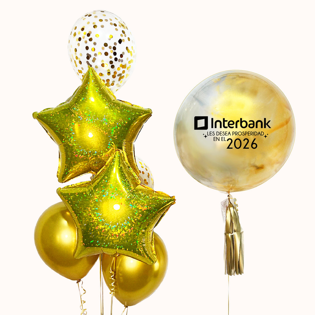 bouquet de globos una burbuja pintada dorada,  un ramo de globos dorados, con 2 globos de látex y látex transparentes con confeti y dos globos estrella dorada. Para celebrar año nuevo y difundir tu marca.