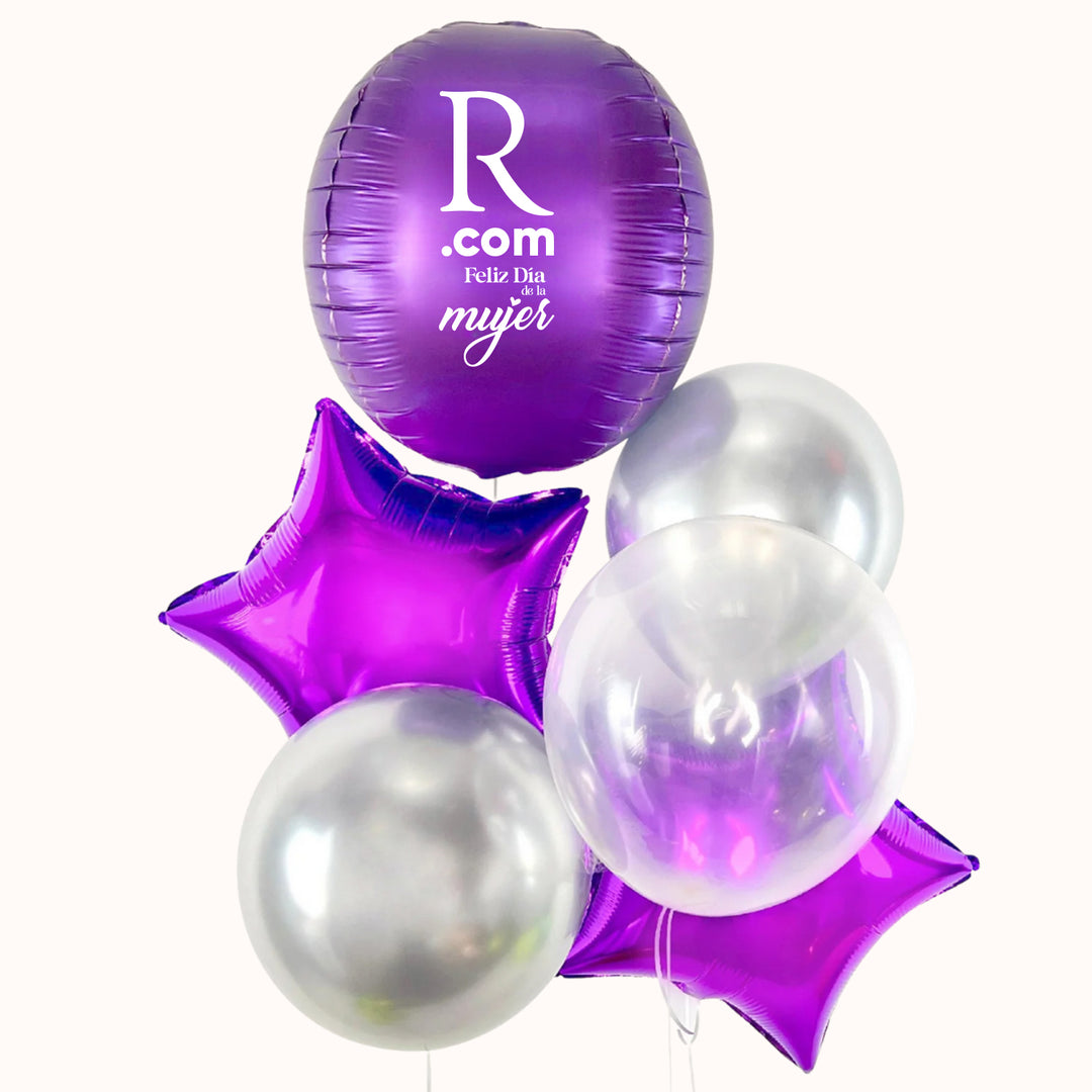 Ramo corporativo de 6 globos con helio para la campaña del Día de la Mujer, que incluye globo esfera personalizado con logo, 3 globos de látex y 2 globos en forma de estrella. Arreglo de globos para decoraciones corporativas y celebraciones especiales.