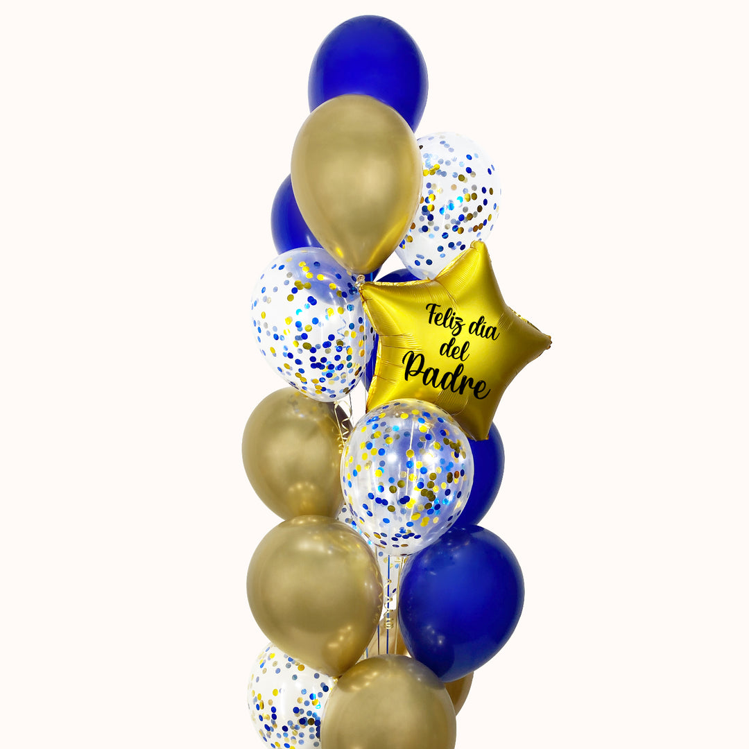 Bouquet corporativo con 10 globos de látex en color sólido, 1 estrella personalizada y 5 globos con confetti. Ideal para campañas del Día del Padre, elaborado con helio para destacar tu marca.