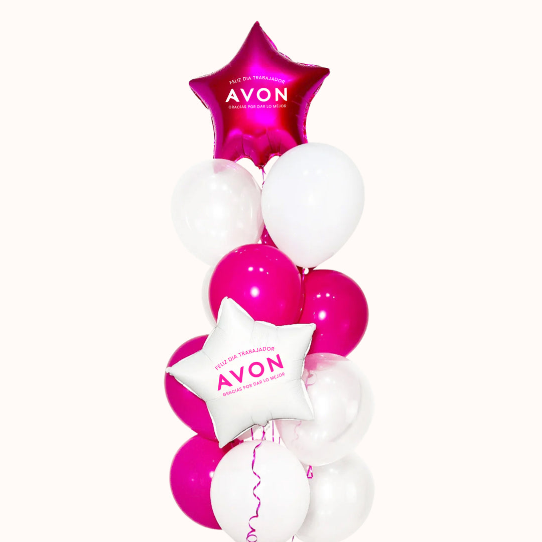 Arreglo de globos corporativo que incluye 2 globos estrella personalizados con logo, 9 globos látex en colores a elección y 4 globos perlados o transparentes. Ideal para decoración en campañas del Día del Trabajo, creando ambientes modernos que resaltan tu marca.
