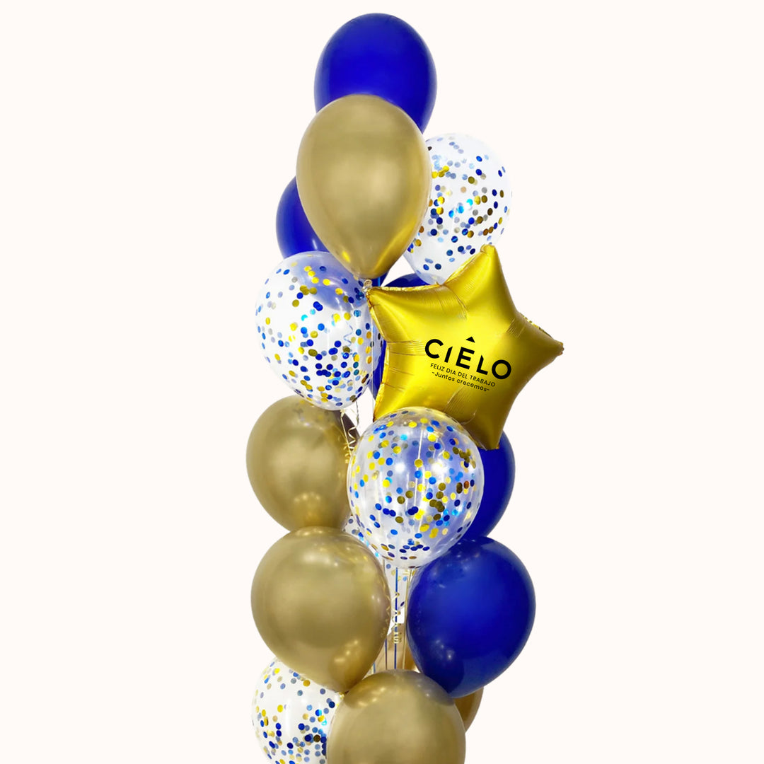 Arreglo corporativo con 10 globos de látex en color sólido, 1 estrella personalizada y 5 globos con confetti. Ideal para campañas del Día del Trabajo, elaborado con helio para destacar tu marca.
