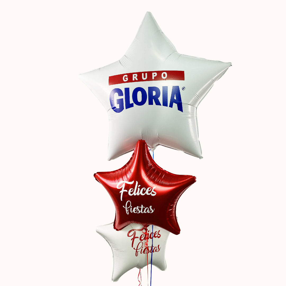 Bouquet de globos con estrella grande personalizada con tu logo y 2 estrellas personalizadas para Fiestas Patrias. Globos corporativos ideales para celebraciones patrias, inflados con helio puro, perfectos para eventos corporativos y decoraciones especiales.