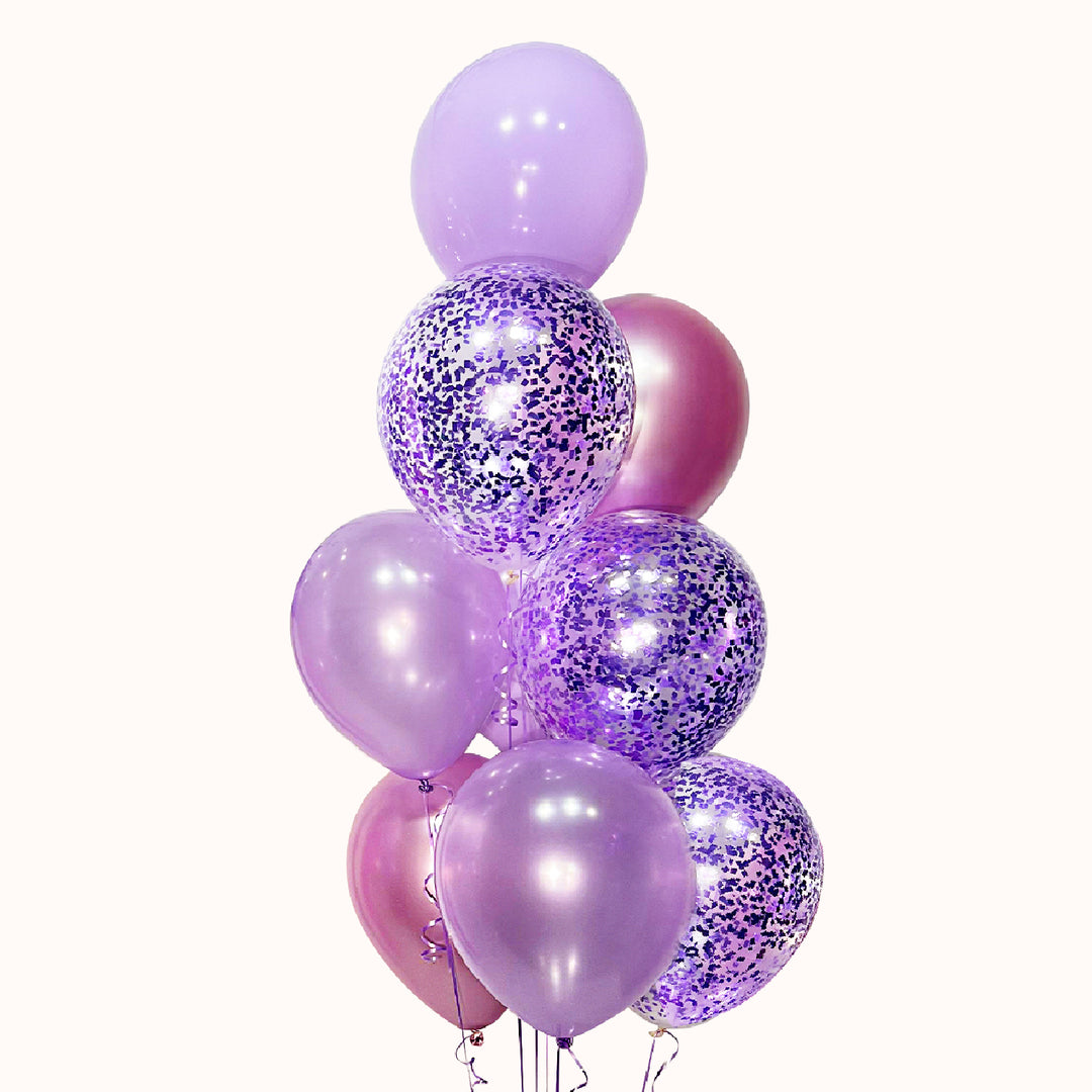 Arreglo de globos con helio ideal para cumpleaños y cualquier ocasión, que incluye 6 globos de látex color sólido y 3 globos de látex confetti transparentes, perfecto para decorar y celebrar momentos especiales.