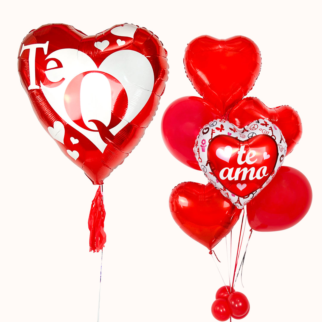 Bouquet con un globo grande en forma de corazón impreso con la frase “Te quiero”, acompañado de un ramo de globos látex y globos metálicos en forma de corazón, además de un globo corazón impreso con la frase “Te amo”. Todo inflado con helio, ideal para celebrar San Valentín o cualquier ocasión especial.