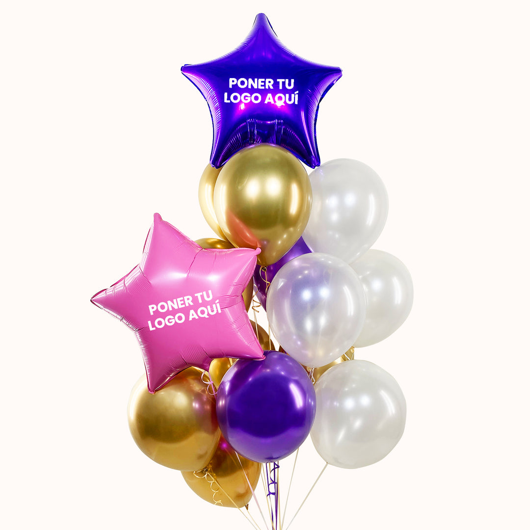 Bouquet de 2 globos metálicos en forma de estrella, personalizados con tu logo, acompañados de 9 globos de látex en colores a seleccionar y 4 globos de látex transparentes con confeti. Ideal para tu evento corporativo, donde se impulsa y destaca tu marca.