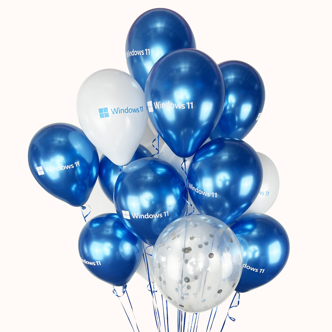 Bouquet de 14 globos publicitarios impresos o personalizados con tu logo, acompañado de 1 globo transparente con confeti. Inflados con helio. Ideal para eventos corporativos. Realza tu marca y promociona tu empresa de manera efectiva.