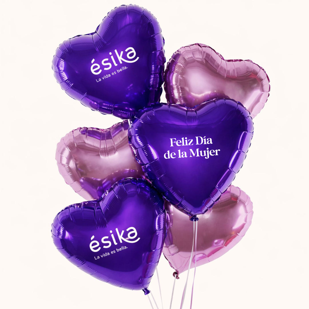 Bouquet de globos con helio para la campaña del Día de la Mujer que incluye 3 globos corazón  metálicos color lila y 3 globos corazón color morado personalizados con logo, ideal para activaciones de marca y obsequios corporativos.