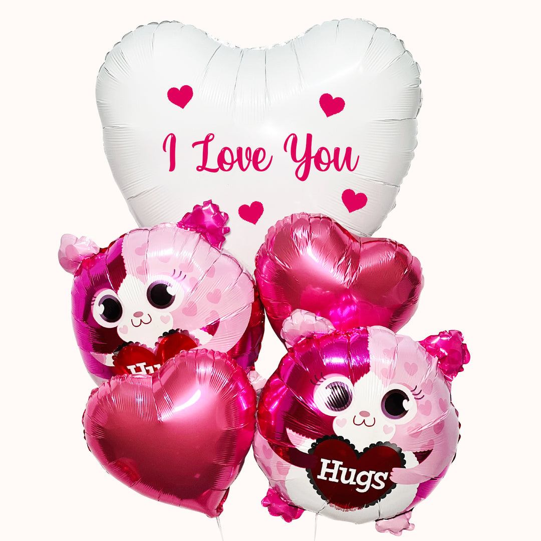 Bouquet de globos metálicos que incluye 1 globo en forma de corazón blanco personalizado, 2 globos impresos de cuy rosado y 2 globos en forma de corazón rosado, todos inflados con helio. Para regalo de San Valentín o en cualquier ocasión especial.