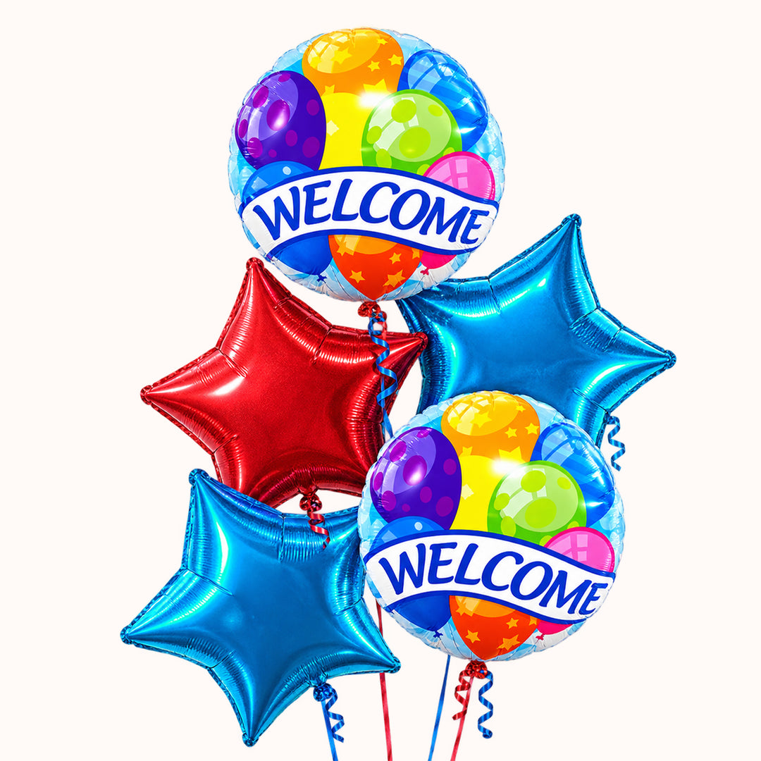 Bouquet de globos metálicos con mensaje welcome, en colores vivos, Desea bienvenida con ramo de globos con helio.