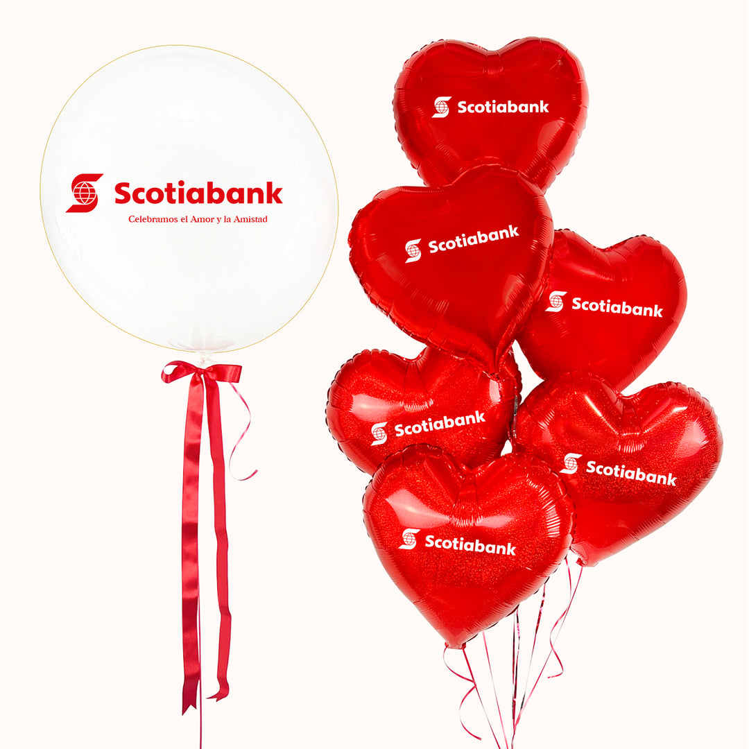 Arreglo de globos para empresas: Bouquet de 7 globos con helio: 1 burbuja y 6 globos metálicos personalizados ideal para eventos corporativos y  campañas de San Valentín personalizado con logotipo. 