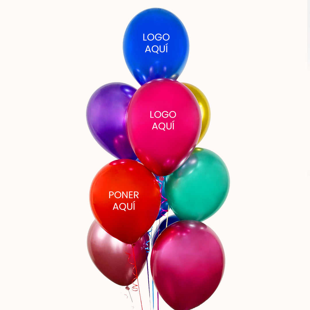 Bouquet de 10 globos con helio, 3 de ellos personalizados con tu logo. Colores a elegir. Llena tu evento con tu marca. Ideal para eventos corporativos.Usamos solo helio 100% puro y verdadero.