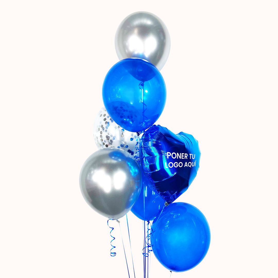 Bouquet de globos de látex y metálicos con helio, personalizado con tu logo, en tonos azul y plata, con globo transparente con confeti. Ideal para decorar eventos corporativos para activar y promover tu marca.
