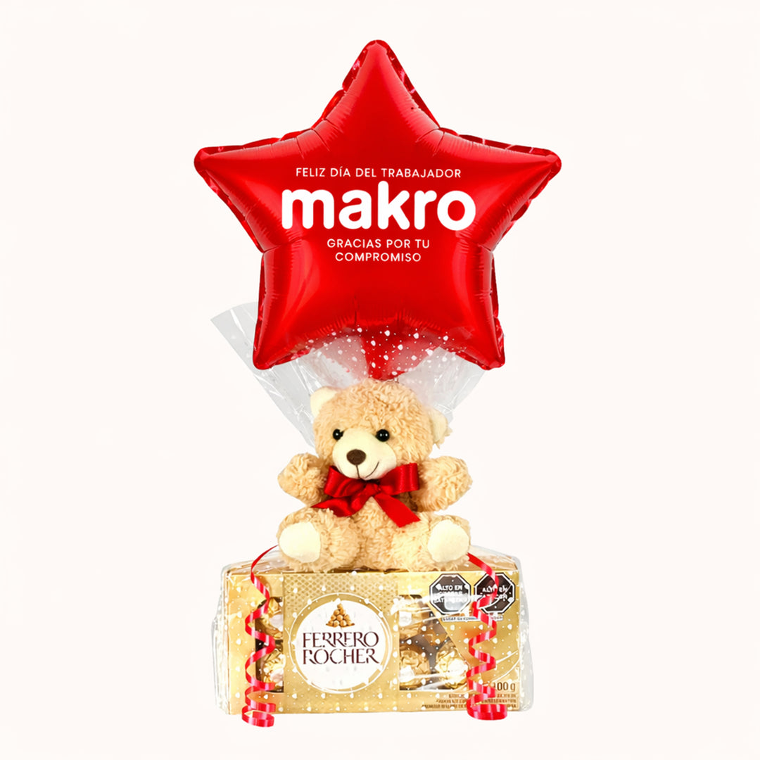 Caja de chocolates Ferrero Rocher de 8 unidades, envuelta en papel celofán, con osito de peluche y globo personalizado con tu logo. Para obsequios corporativos. Día de trabajo.
