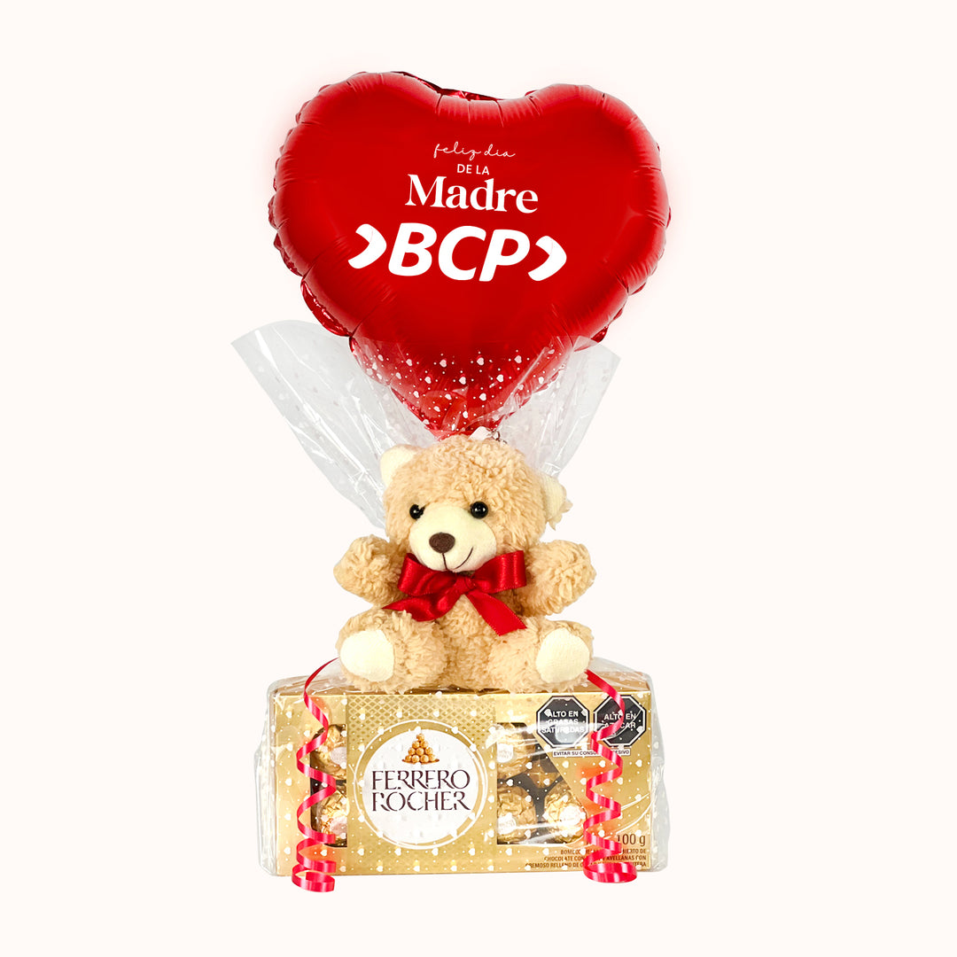 Regalo corporativo para la campaña del Día de la Madre que incluye 1 caja de Ferrero Rocher (8 unidades), 1 globito personalizado y 1 osito de peluche chico, pensado para clientas y colaboradoras como obsequio empresarial.