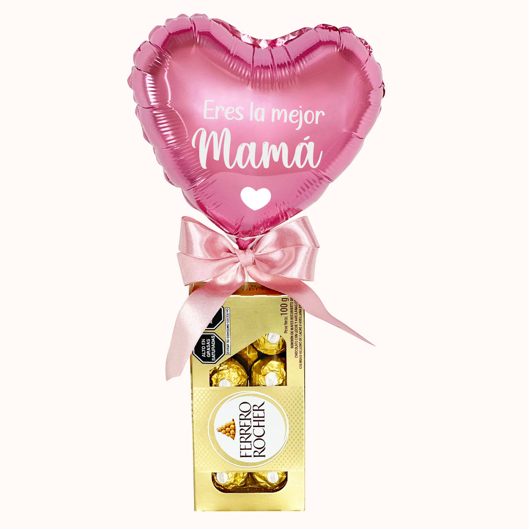 Caja de Ferrero decorada con globo color rosa con mensaje “Feliz Día Mamá”. Opción para regalo corporativo