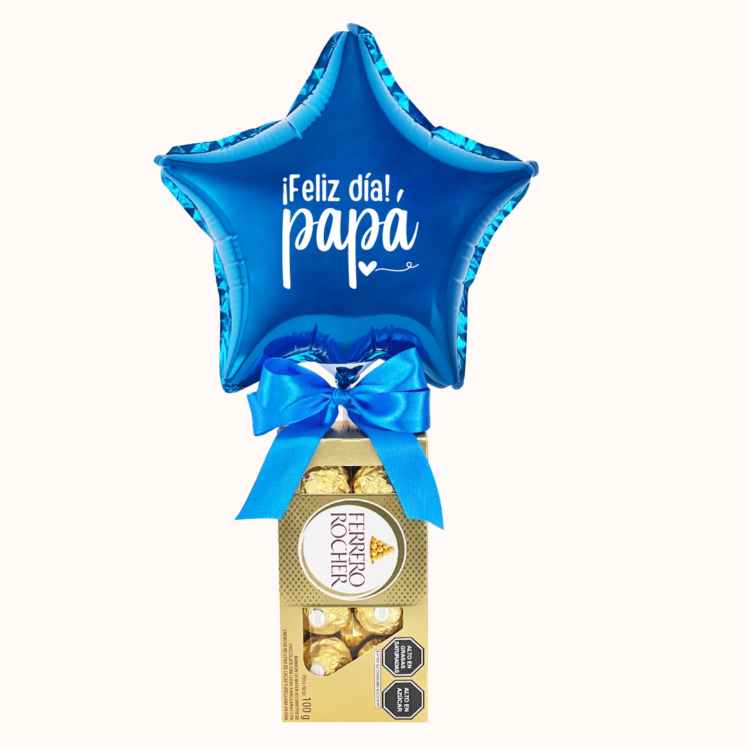 Caja de chocolates ferrero rocher de 8 unidades, globo de estrella circulo o corazón azul. Para regalar el día del padre.