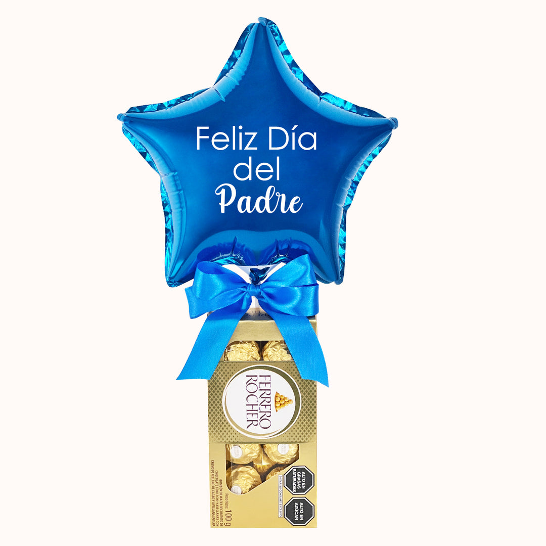 Caja de chocolates ferrero rocher de 8 unidades, globo de estrella o corazón azul personalizado con logo corporativo. Para regalar el día del Padre. Regalos corporativos publicitarios.