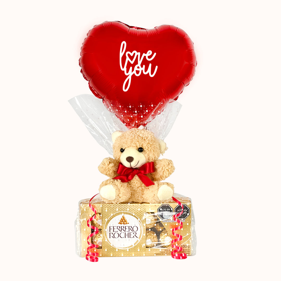 Caja de chocolates ferrero rocher de 8 unidades, decorada con peluche de osito chico y globo de corazón rojo personalizado. Regalo para San Valentín y aniversarios. Regalo para tu novio.