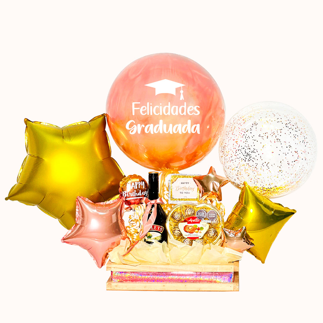 Gift box premium con botella de Baileys 375 mL, chocolates Avellana, globo burbuja personalizado y globo estrella metálico con helio para cumpleaños, aniversarios. Regalos de grado Personalizables en lima.