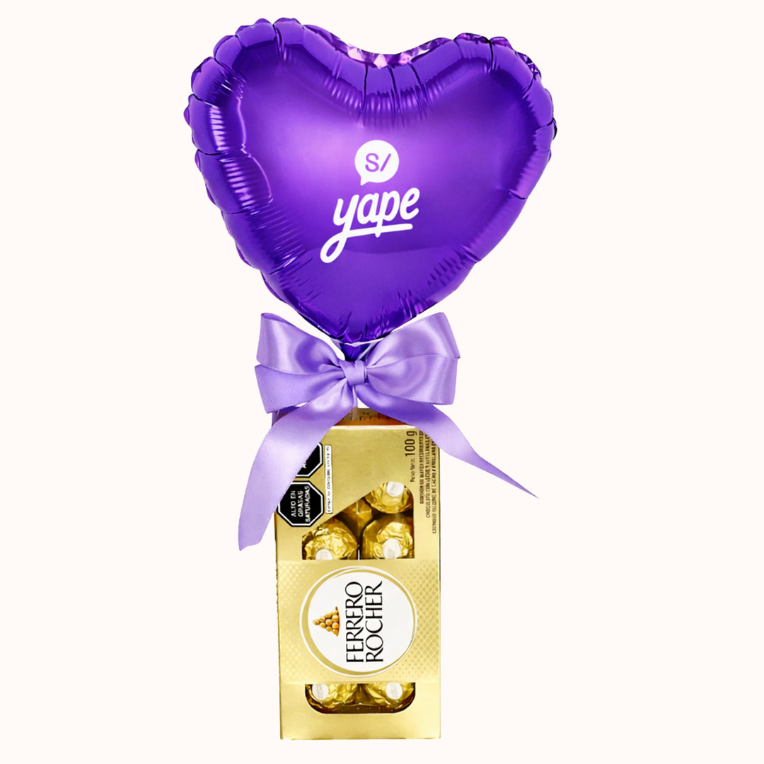 Caja de chocolates ferrero rocher de 8 unidades, globo de estrella o Caja de chocolates ferrero rocher de 8 unidades, globo de estrella o corazón morado. Para regalar el día de la mujer a clientes y colaboradores. Regalos corporativos publicitarios.